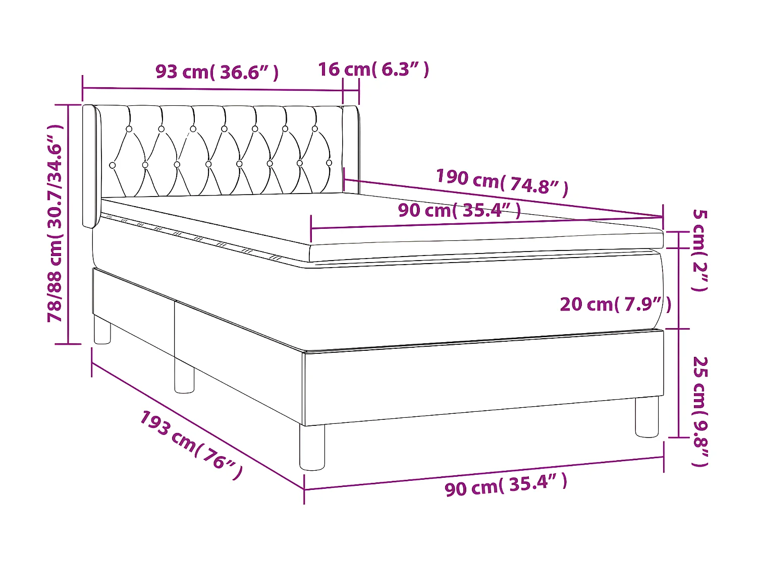 Sommier à lattes de lit et matelas Gris foncé 90x190 Velours