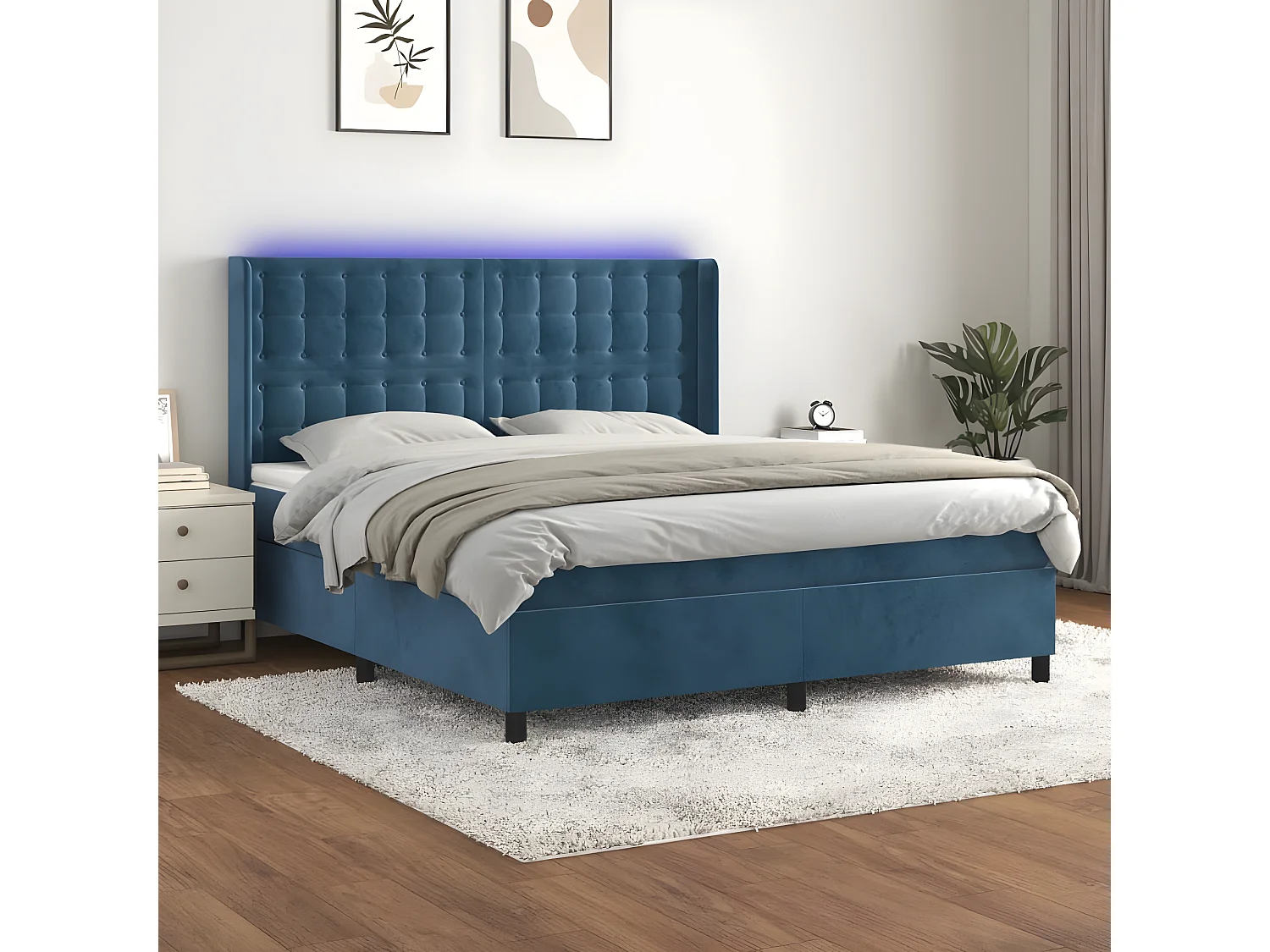 Lit à sommier tapissier matelas et LED Bleu foncé 160x200 Velours