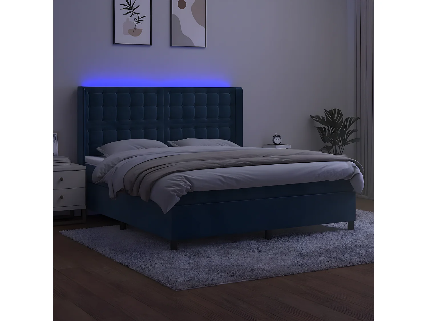 Lit à sommier tapissier matelas et LED Bleu foncé 160x200 Velours