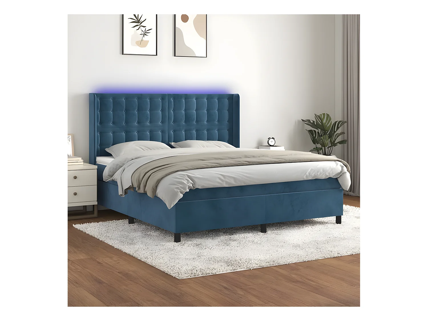 Lit à sommier tapissier matelas et LED Bleu foncé 160x200 Velours