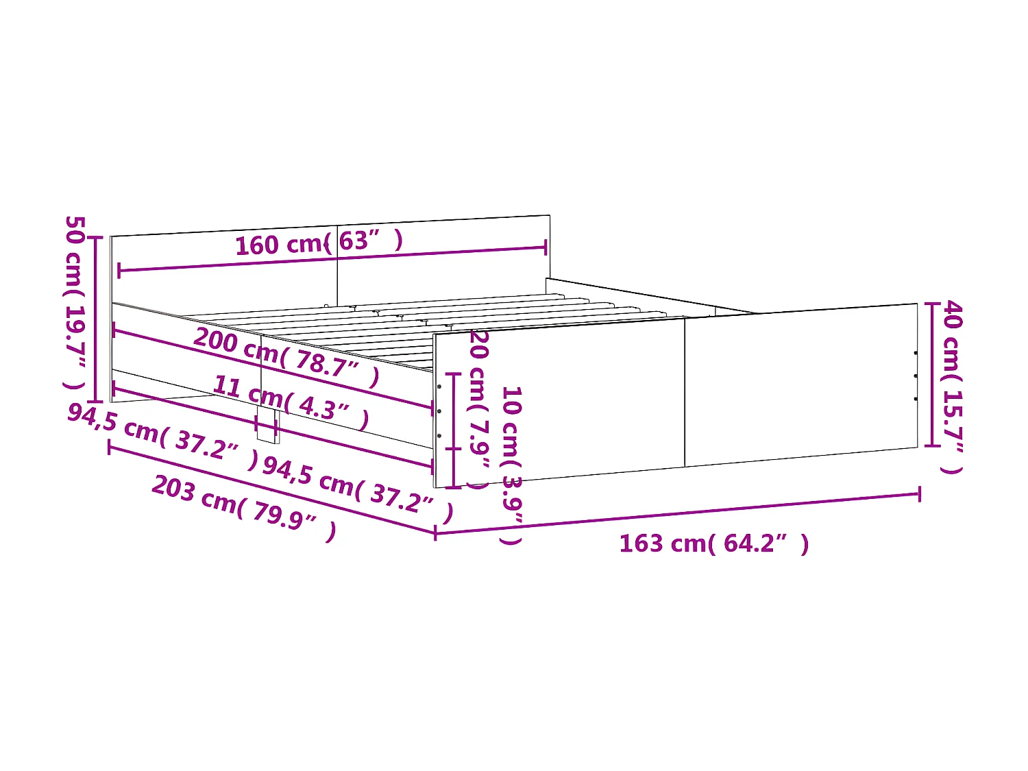 Cadre de lit tête de lit et pied de lit chêne marron 160x200