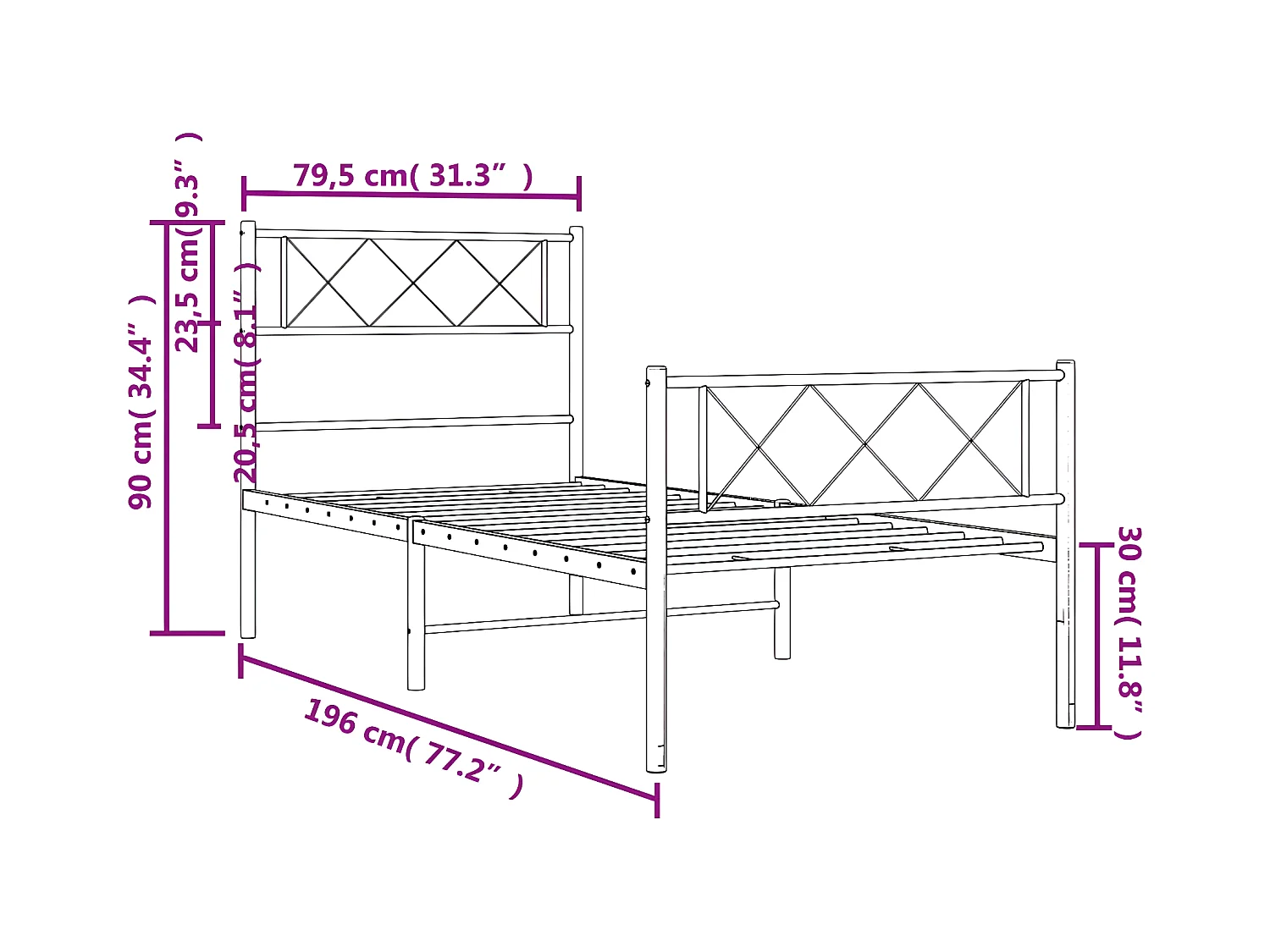vidaXL Estructura de cama con cabecero y estribo metal negro 75x190 cm