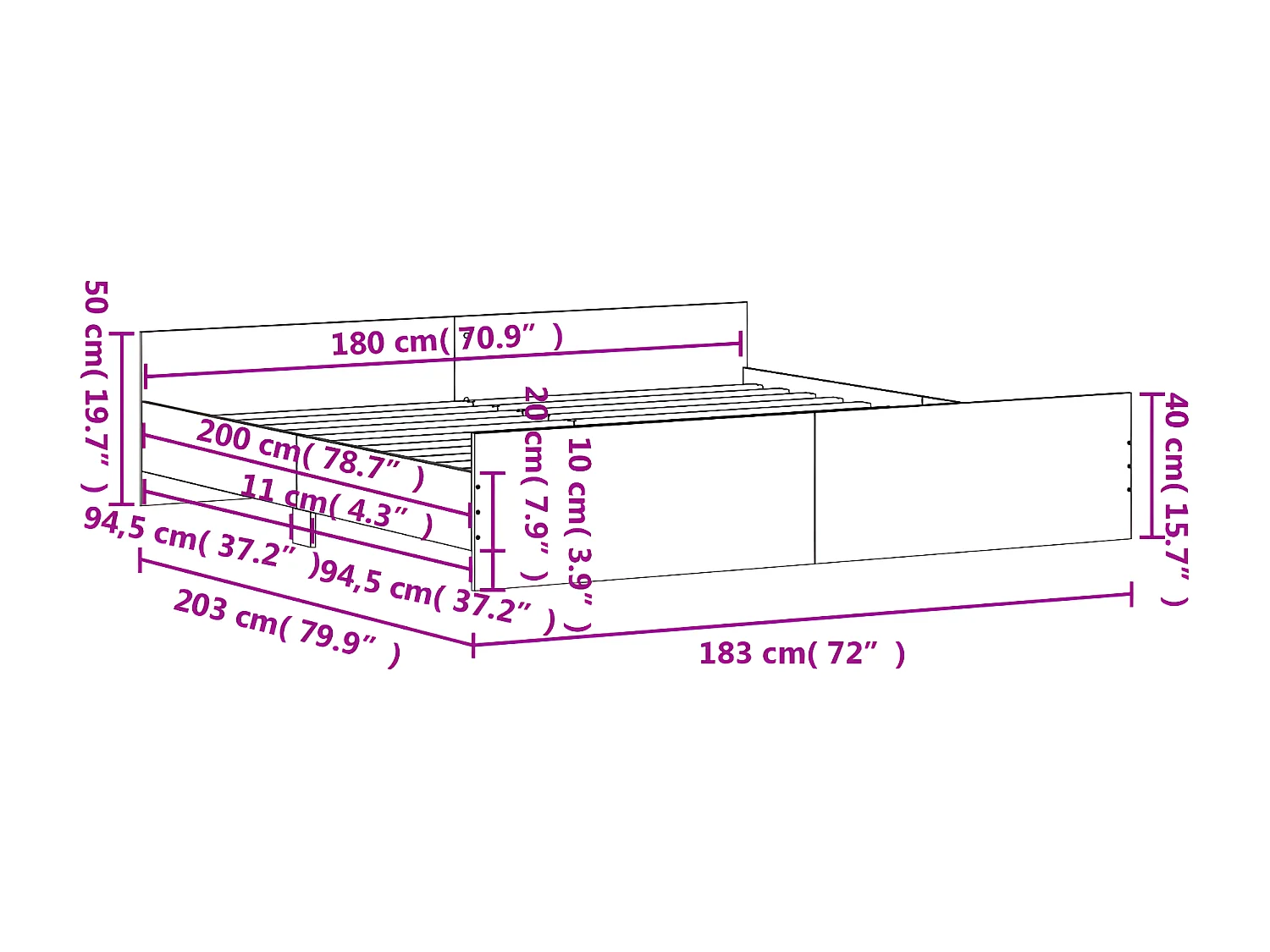 Cadre de lit tête de lit et pied de lit gris béton 180x200