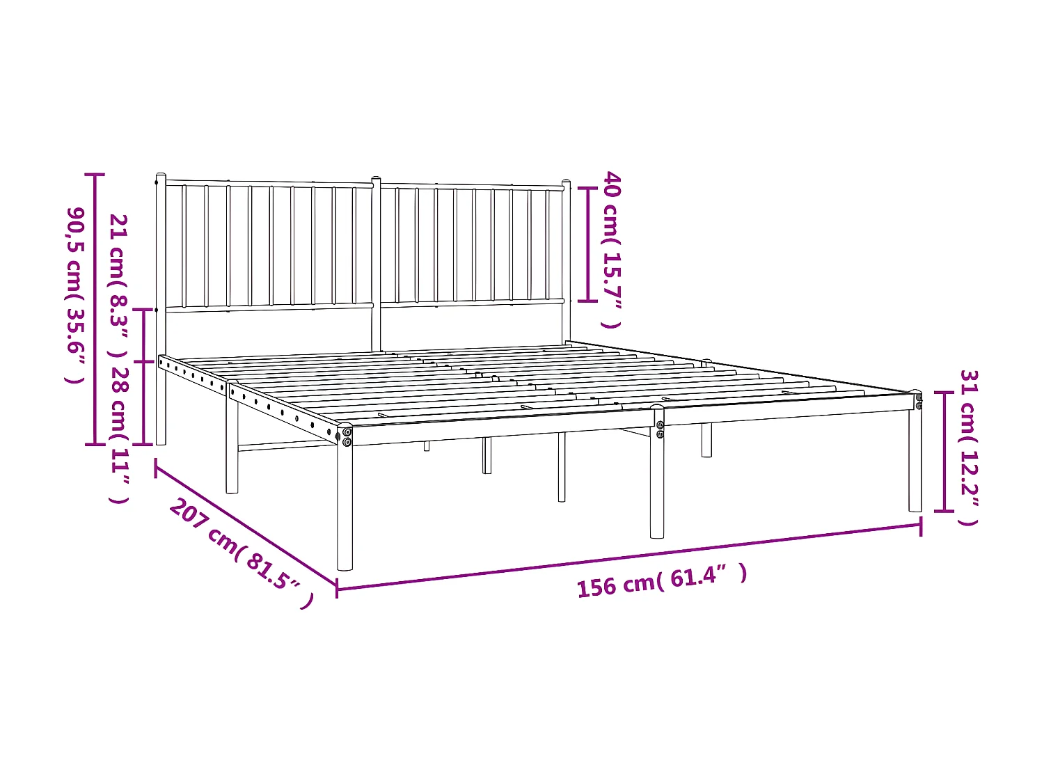 Cadre de lit métal avec tête de lit noir 150x200