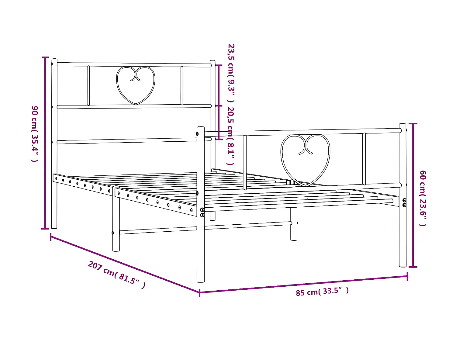 Cadre de lit métal avec tête de lit-pied de lit noir 80x200