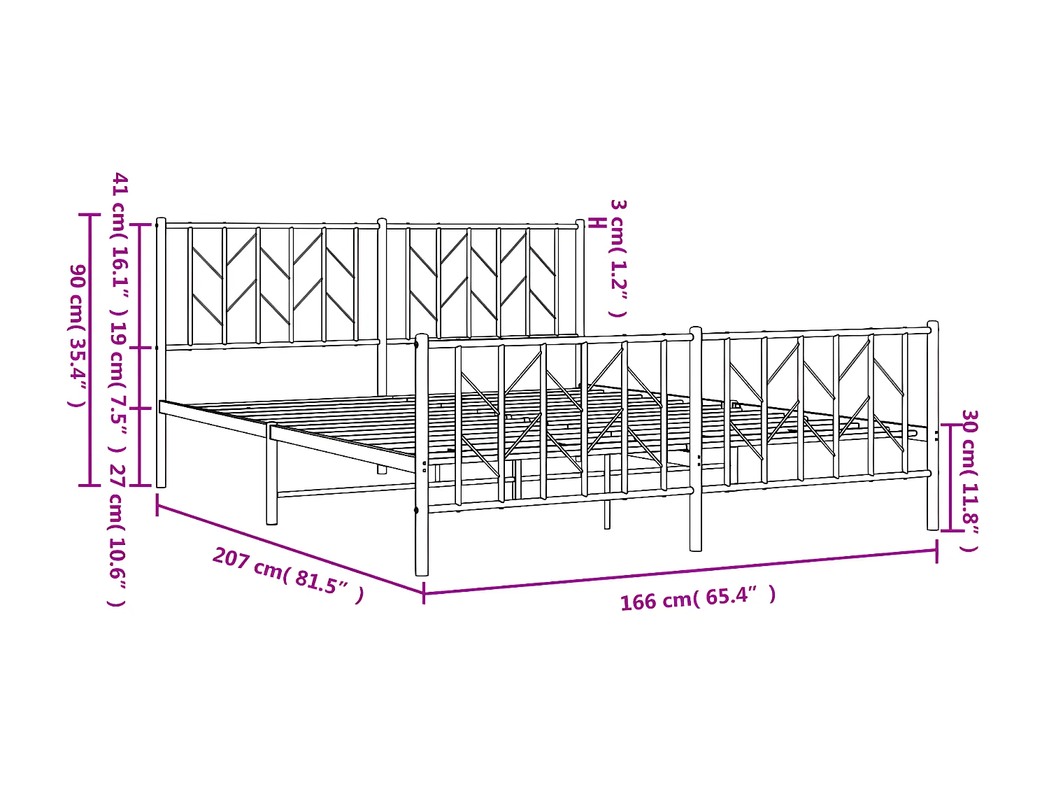 Cadre de lit métal avec tête de lit-pied de lit noir 160x200