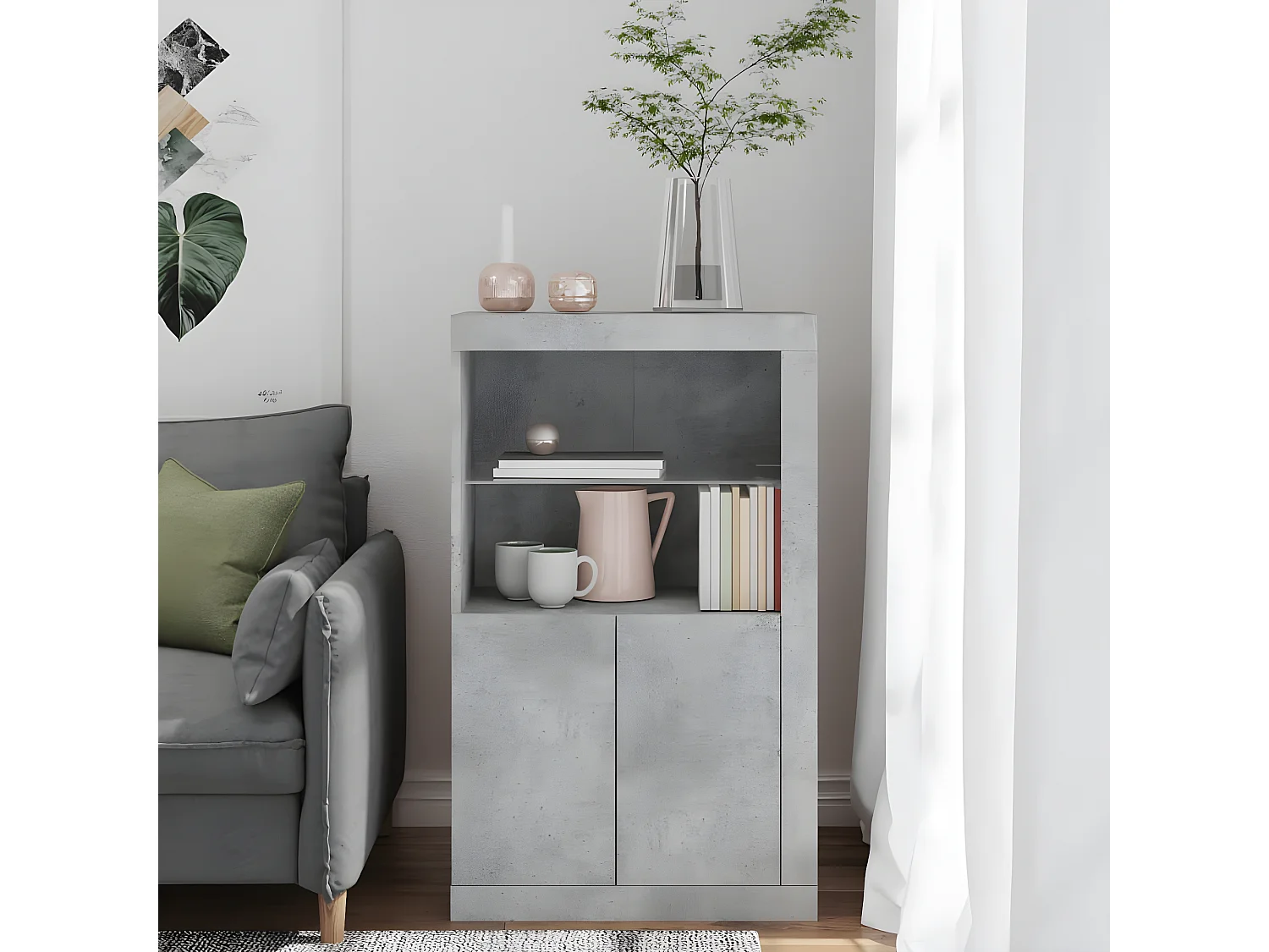 Armoire latérale avec lumières LED gris béton bois d'ingénierie