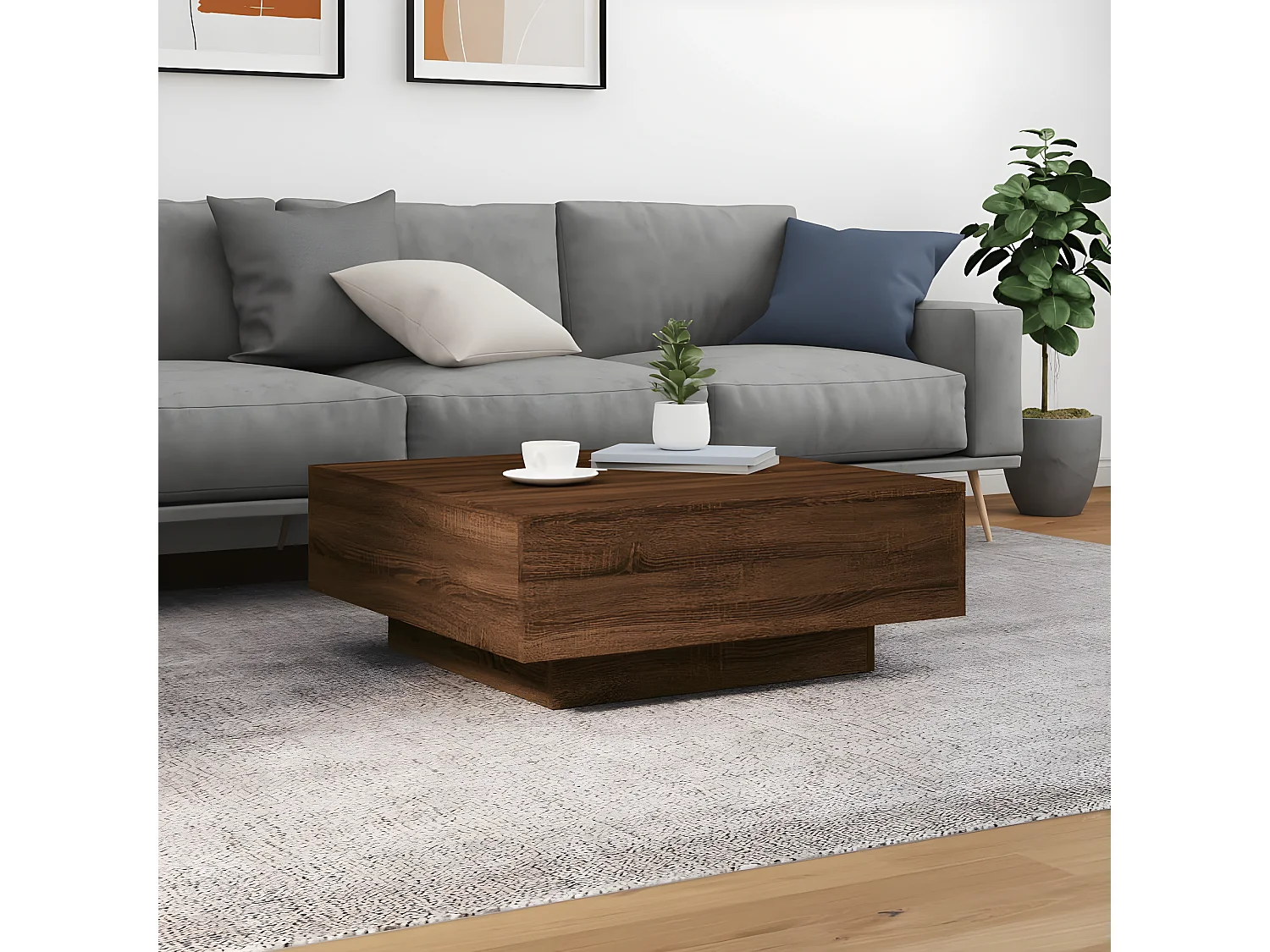 Table basse avec lumières LED chêne marron 80x80x31