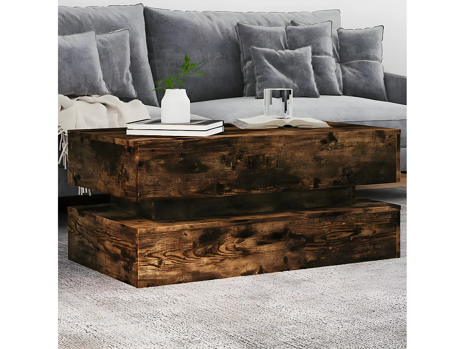 Table basse avec lumières LED chêne fumé 90x50x40