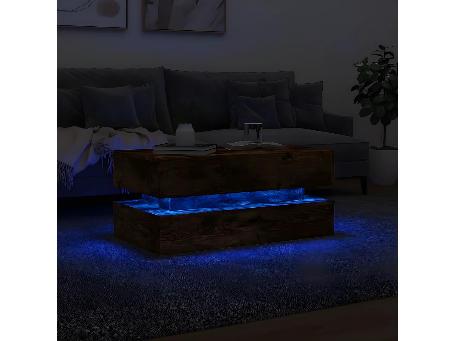 Table basse avec lumières LED chêne fumé 90x50x40