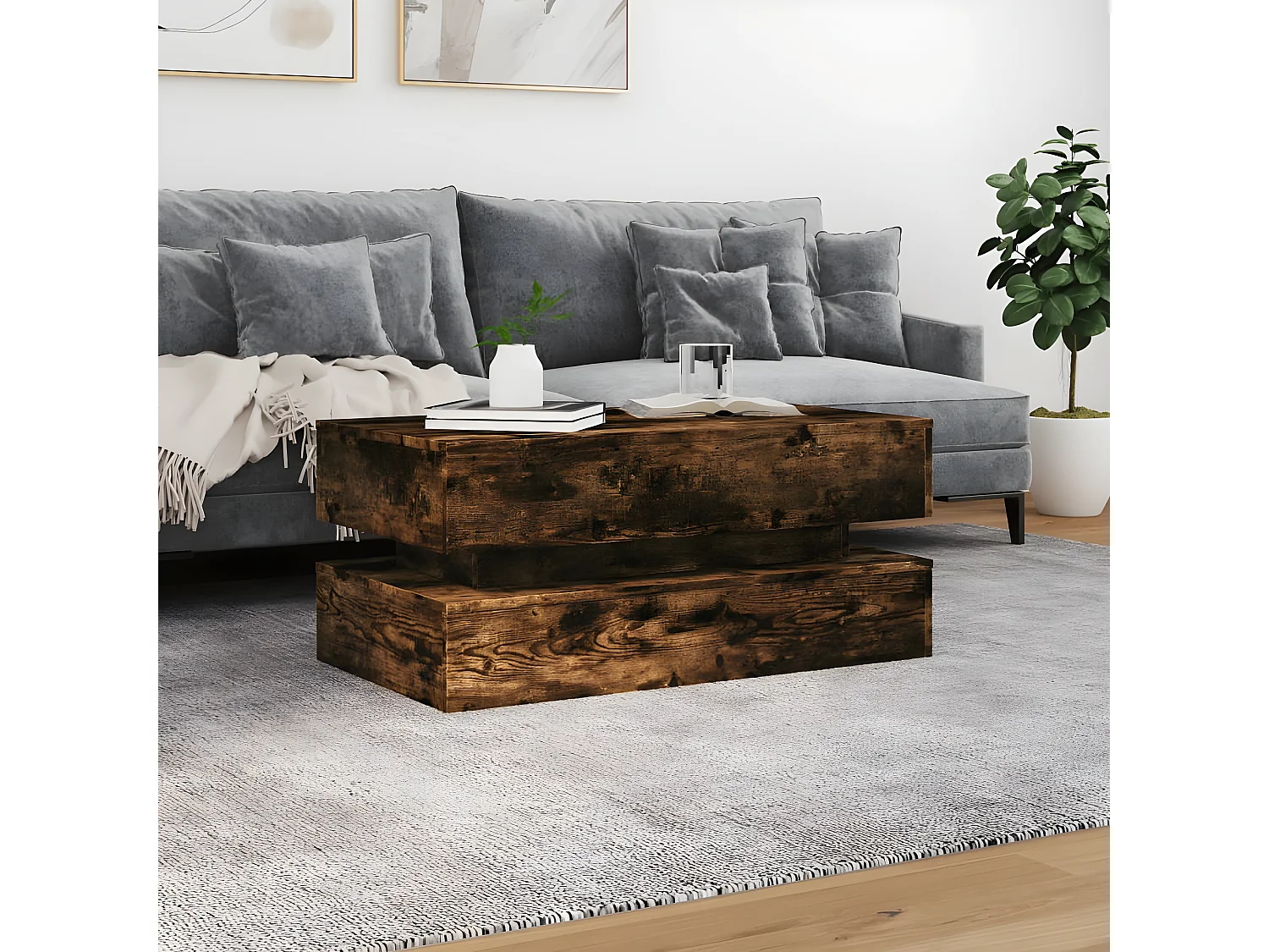 Table basse avec lumières LED chêne fumé 90x50x40