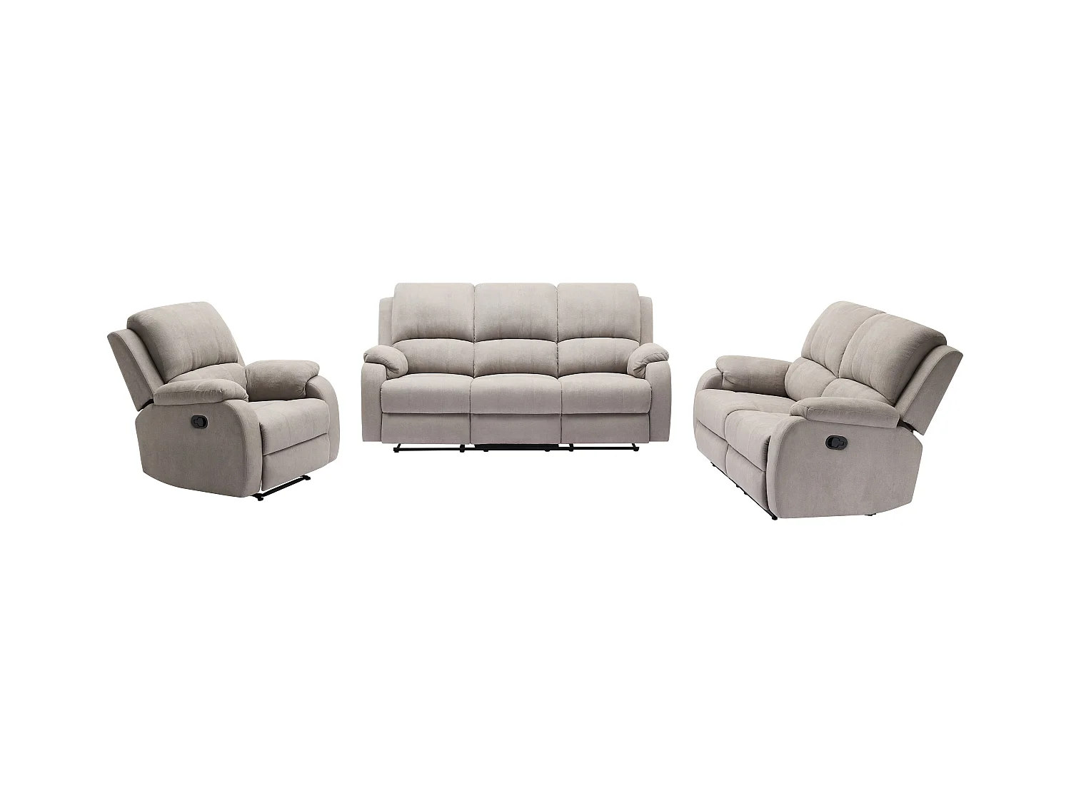 Relax-zitbank 3 personen, 2 personen en relax-fauteuil in lichtgrijze microvezel BRODY