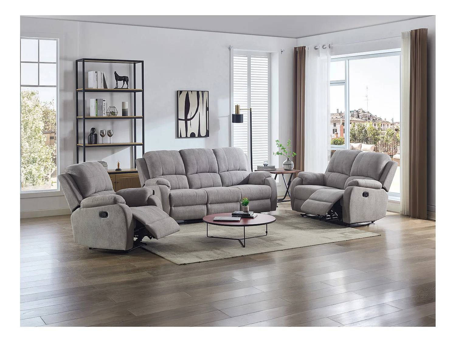 Relax-zitbank 3 personen, 2 personen en relax-fauteuil in lichtgrijze microvezel BRODY