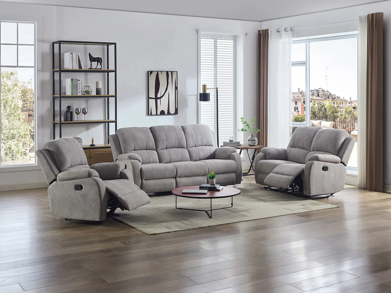 Canapé 3 places, 2 places et fauteuil relax en microfibre gris clair BRODY
