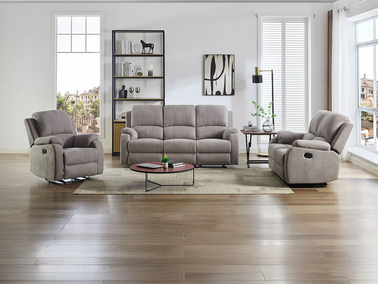 Canapé 3 places, 2 places et fauteuil relax en microfibre gris clair BRODY