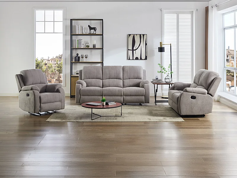 Relax-zitbank 3 personen, 2 personen en relax-fauteuil in lichtgrijze microvezel BRODY