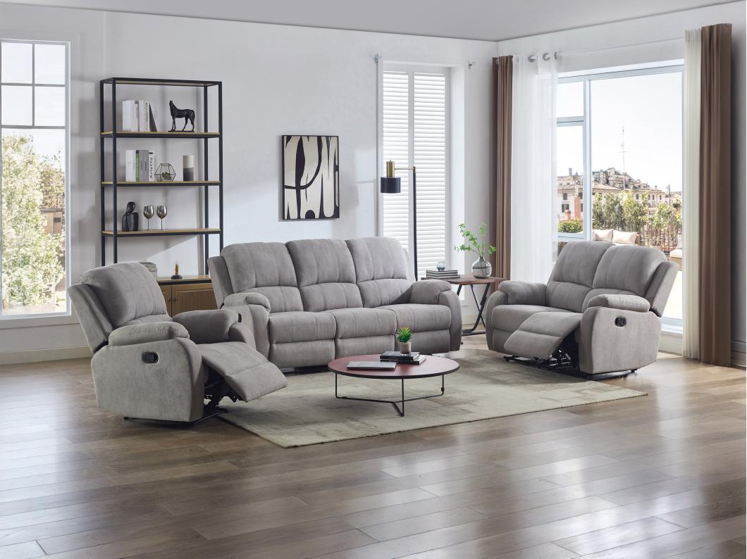 Canapé 3 places, 2 places et fauteuil relax en microfibre gris clair BRODY