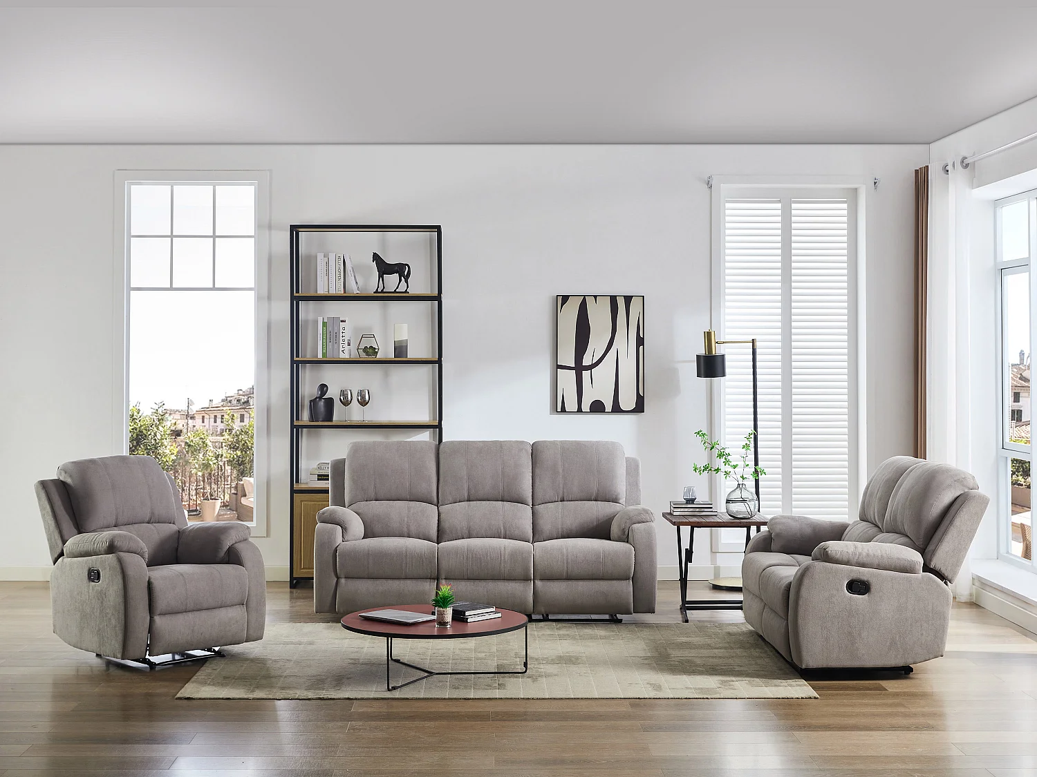 Canapé 3 places et fauteuil relax en microfibre gris clair BRODY