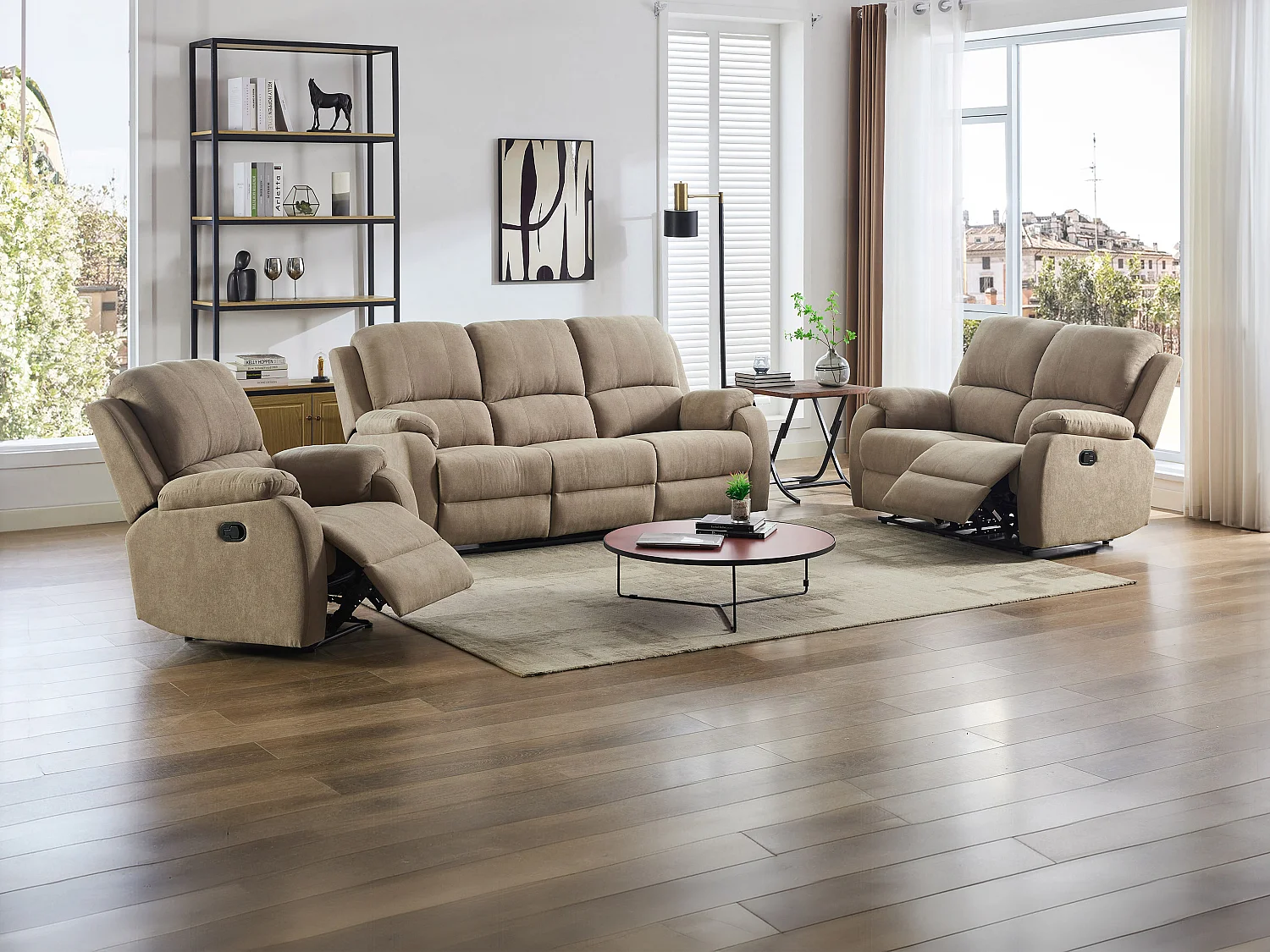 Relax-zitbank 3 personen, 2 personen en relax-fauteuil in taupe microvezel BRODY