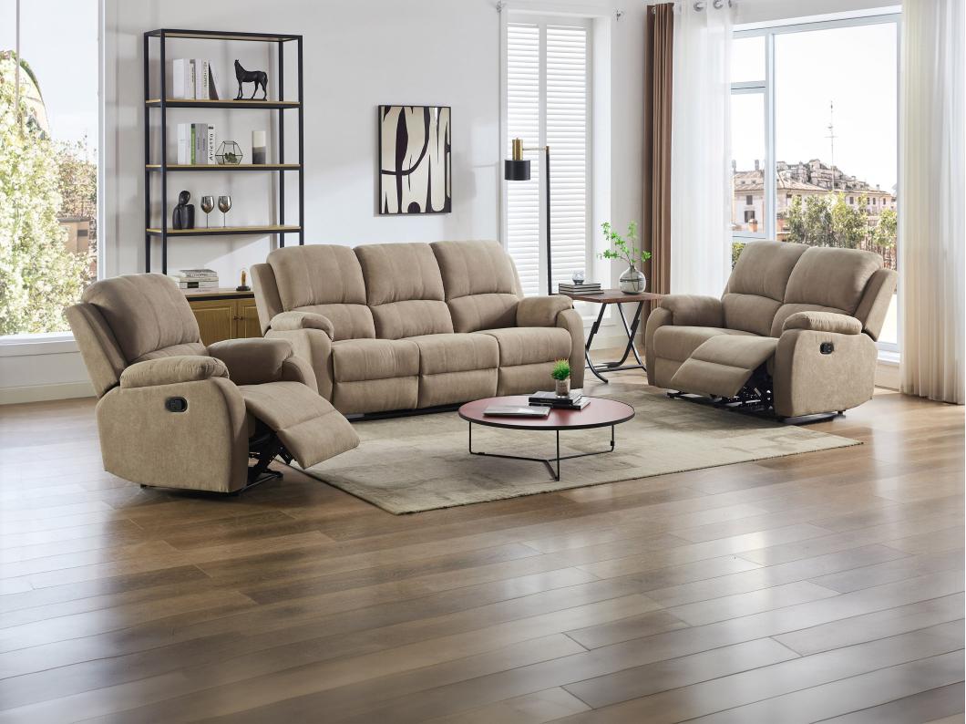 Kanapa 3-osobowa, 2-osobowa i fotel z funkcją relax z mikrofibry taupe - BRODY