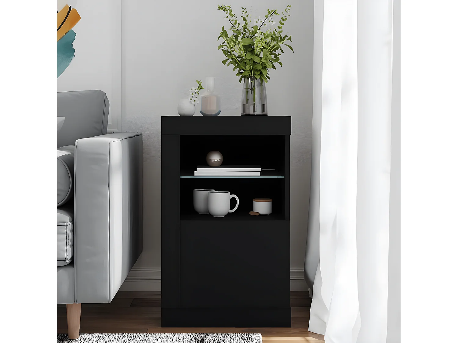 Armoire latérale avec lumières LED noir bois d'ingénierie