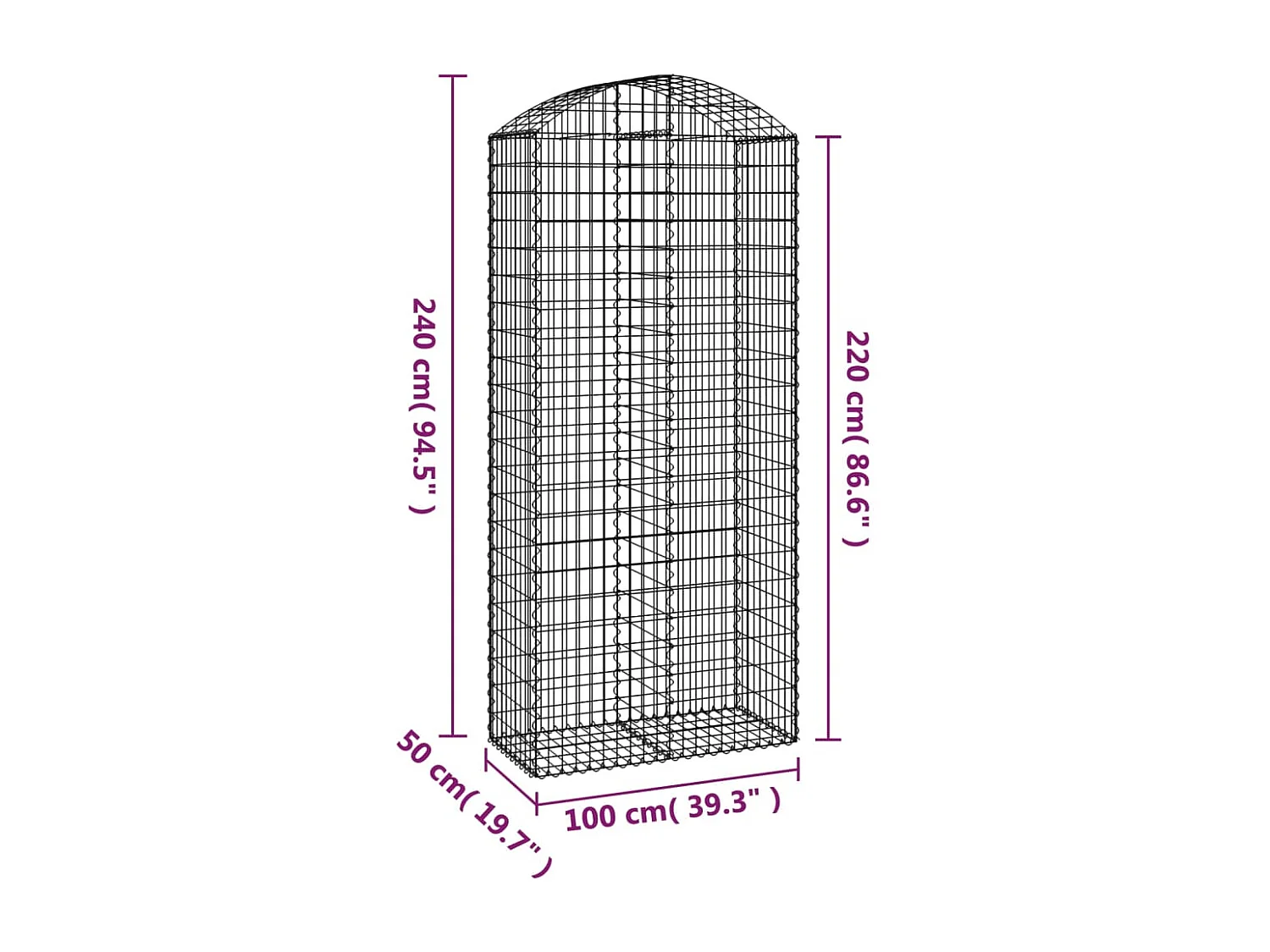 Cesto gabião arqueado 100x50x220/240 cm ferro galvanizado