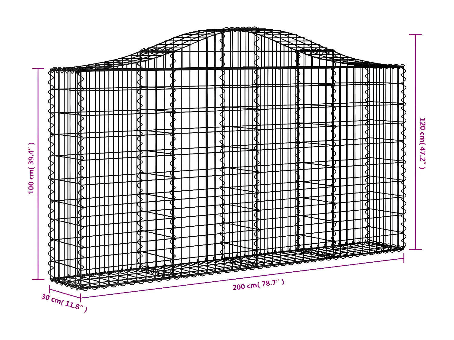 Paniers à gabions arqués 40 pièces 200x30x100/120 cm Fer galvanisé