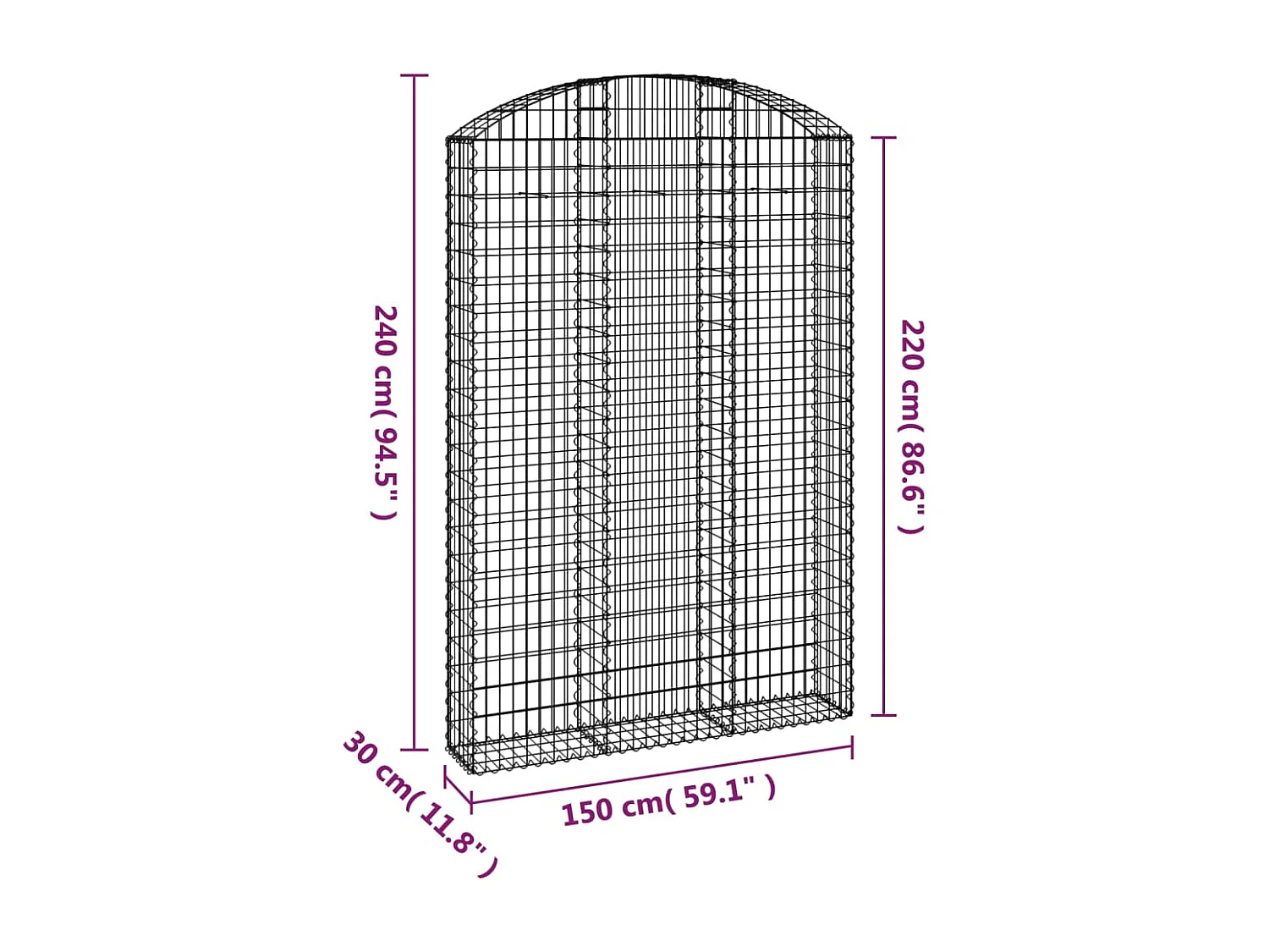 Panier de gabions arqué 150x30x220/240 cm Fer galvanisé