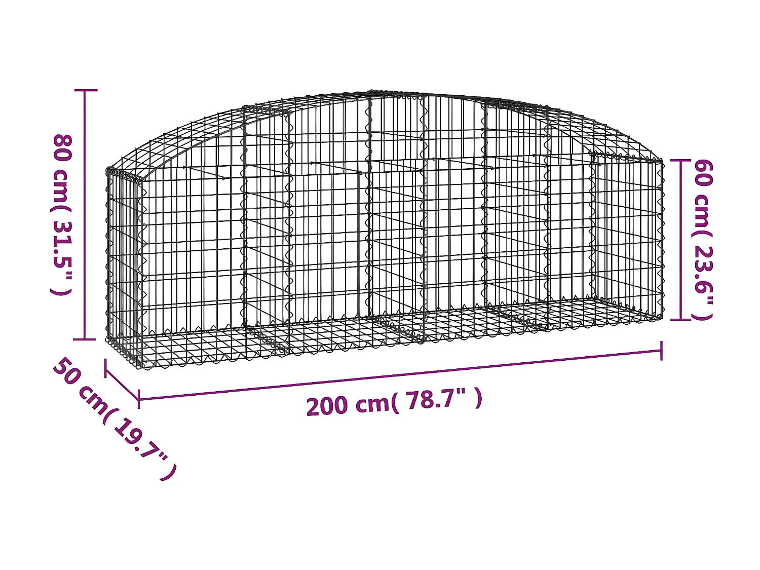 Cesto gabião arqueado 200x50x60/80 cm ferro galvanizado