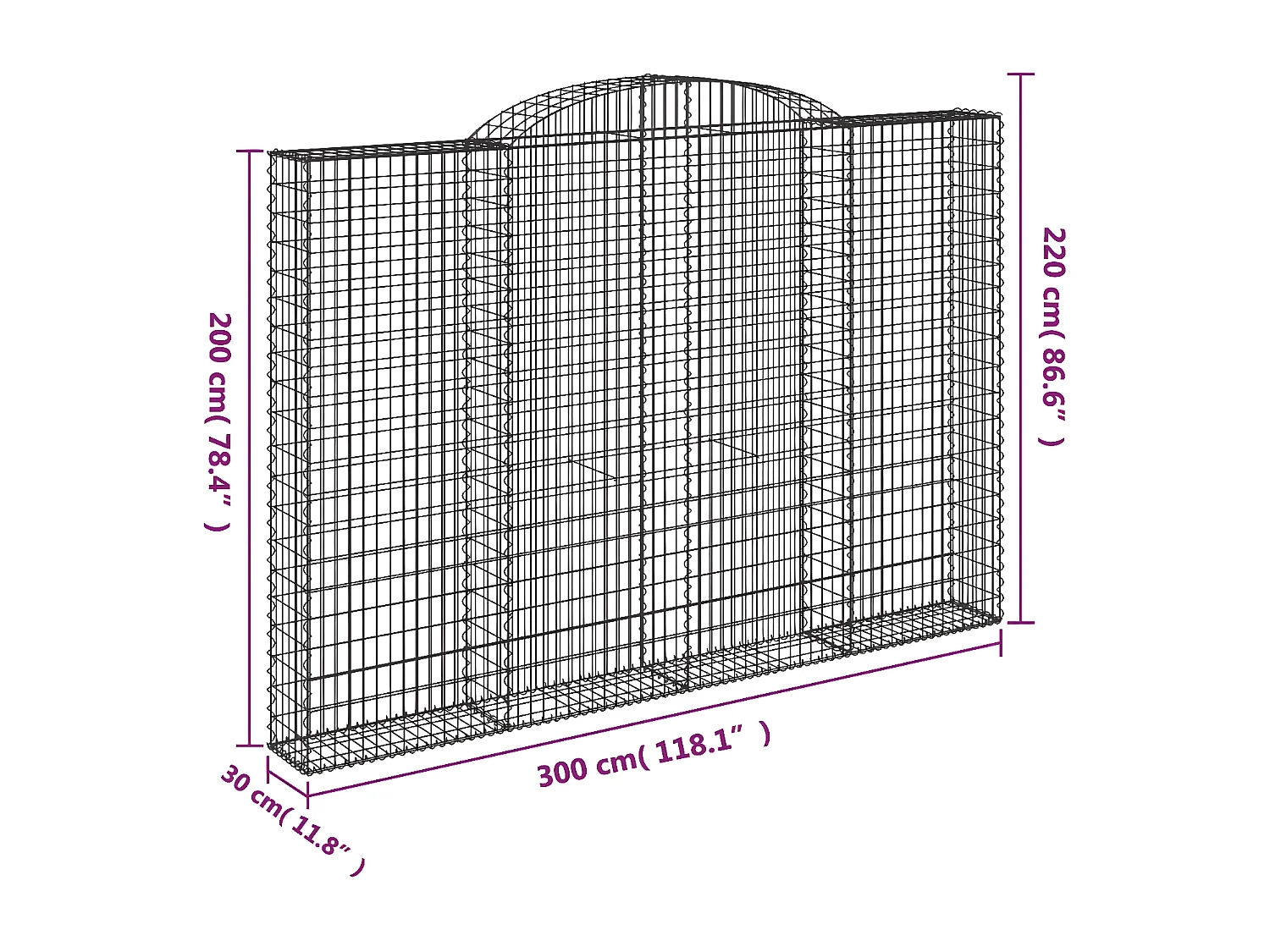 Panier de gabions arqué 300x30x200/220 cm Fer galvanisé
