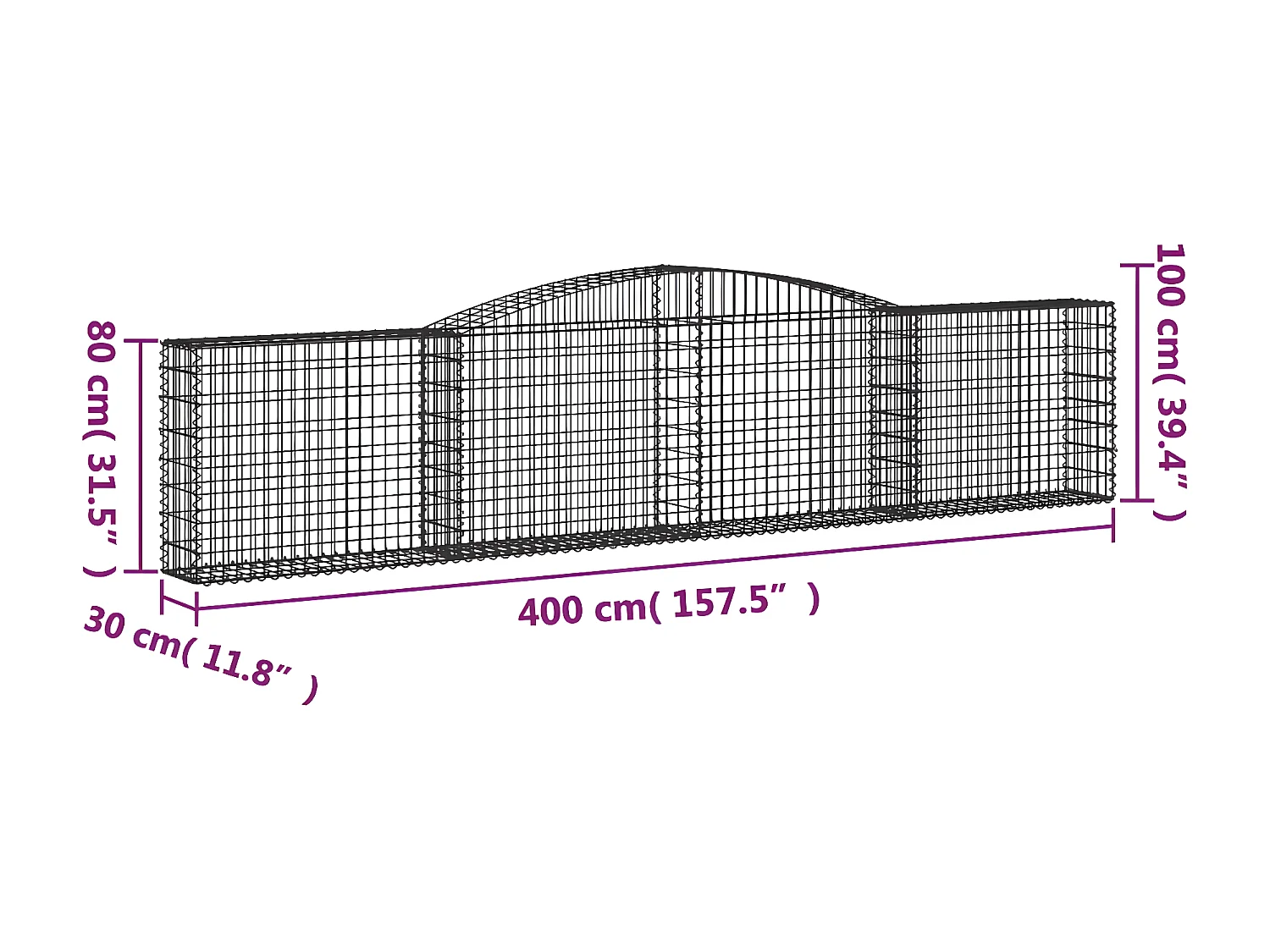 Panier de gabions arqué 400x30x80/100 cm Fer galvanisé