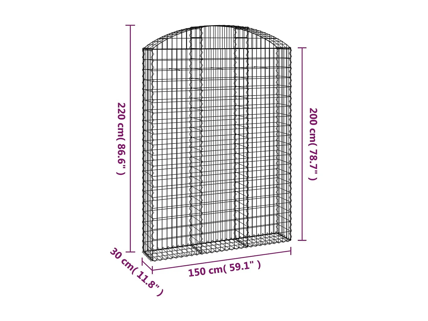Panier de gabions arqué 150x30x200/220 cm Fer galvanisé