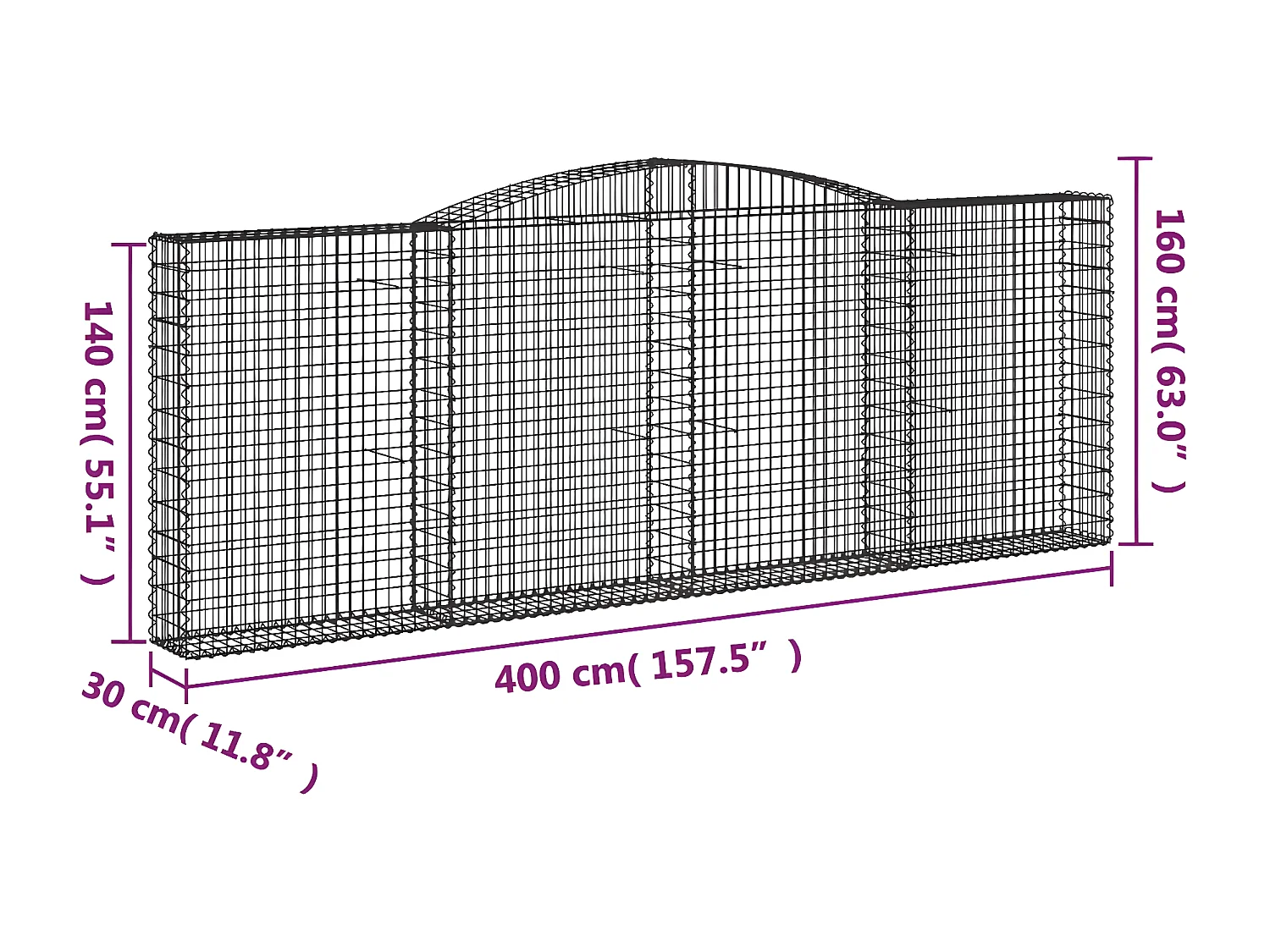 Cestos gabião arqueados 7peças 400x30x140/160cm ferro galvanizado