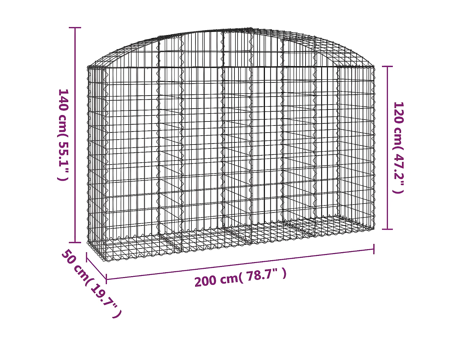 Panier de gabions arqué 200x50x120/140 cm Fer galvanisé