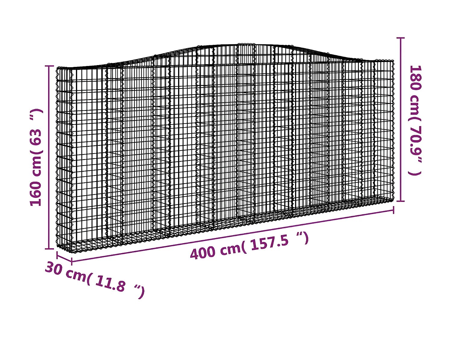 Panier de gabions arqué 400x30x160/180 cm Fer galvanisé