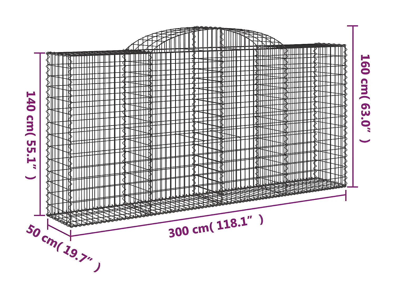 Paniers à gabions arqués 30 pièces 300x50x140/160 cm fer galvanisé