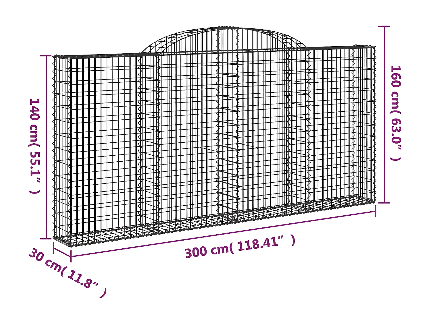 Panier de gabions arqué 300x30x140/160 cm Fer galvanisé