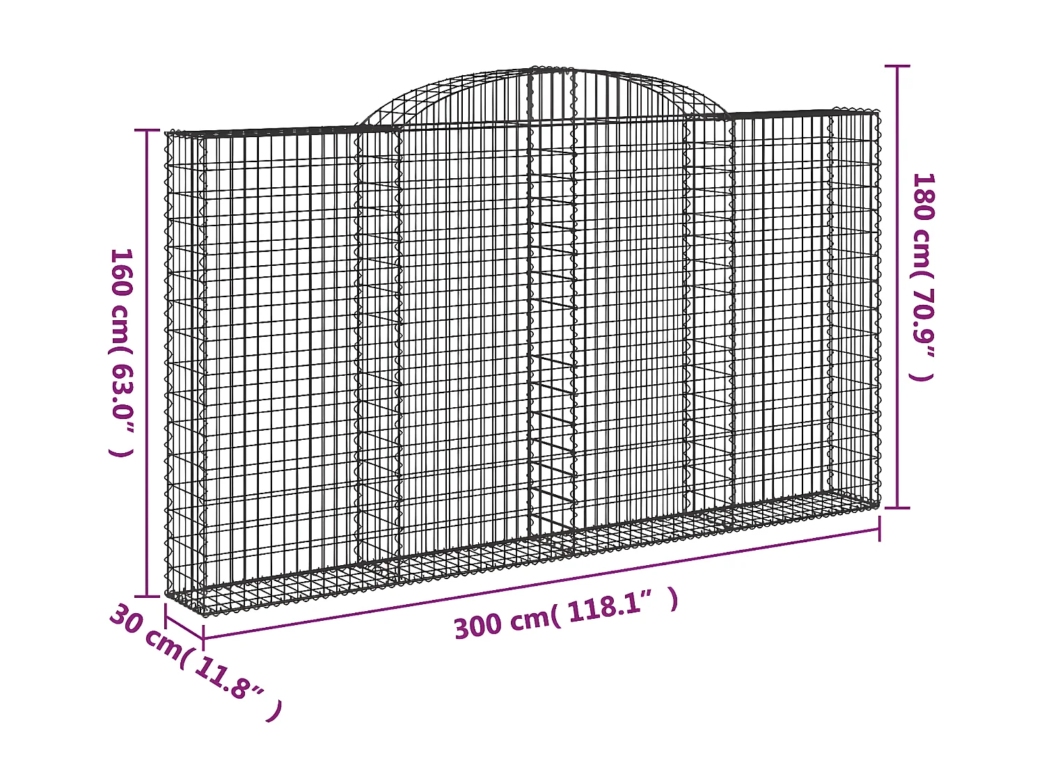 Cestos gabião arqueados 7peças 300x30x160/180cm ferro galvanizado
