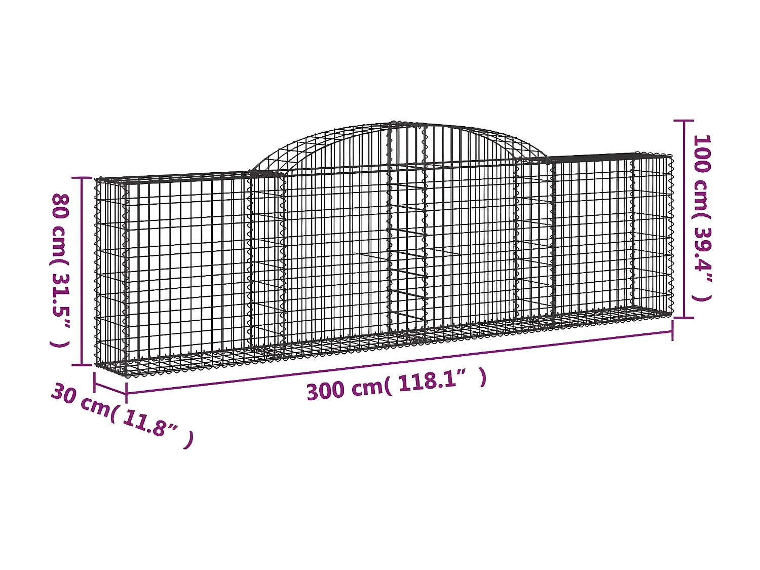 Panier de gabions arqué 300x30x80/100 cm Fer galvanisé