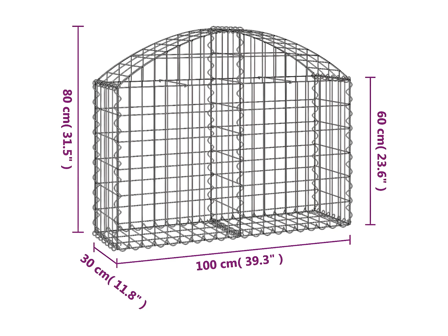 Cesta de gaviones forma arco hierro galvanizado 100x30x60/80 cm