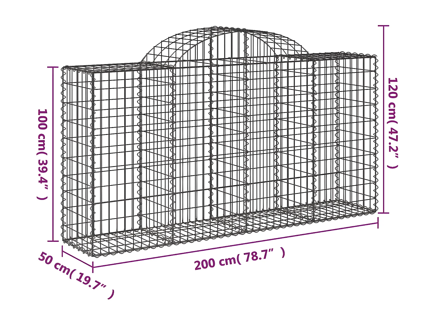 Paniers à gabions arqués 5 pièces 200x50x100/120 cm fer galvanisé