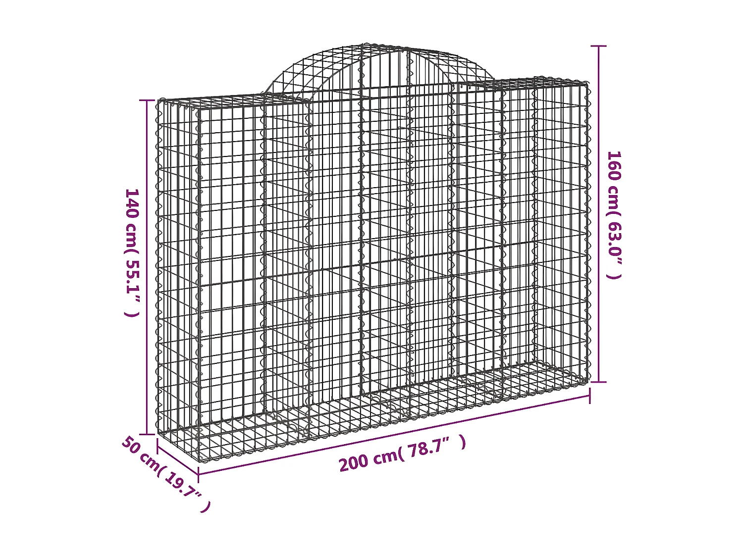 Paniers à gabions arqués 40 pièces 200x50x140/160 cm Fer galvanisé