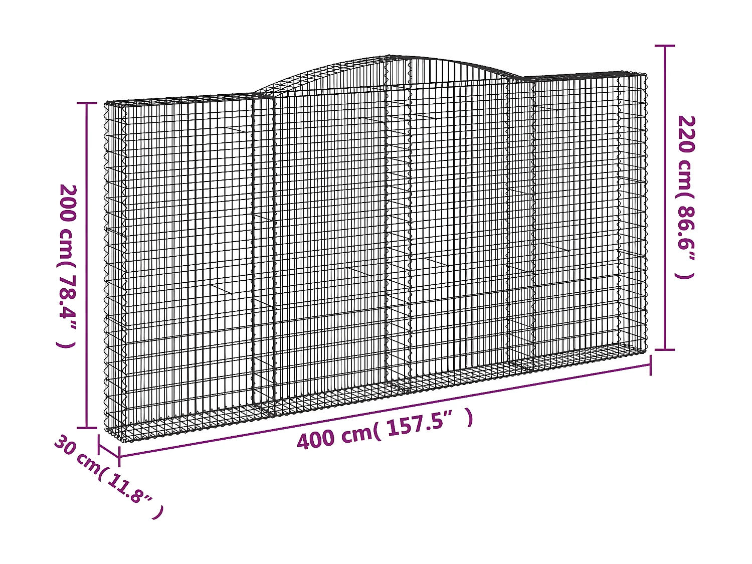 Cestos gabião arqueados 3peças 400x30x200/220cm ferro galvanizado