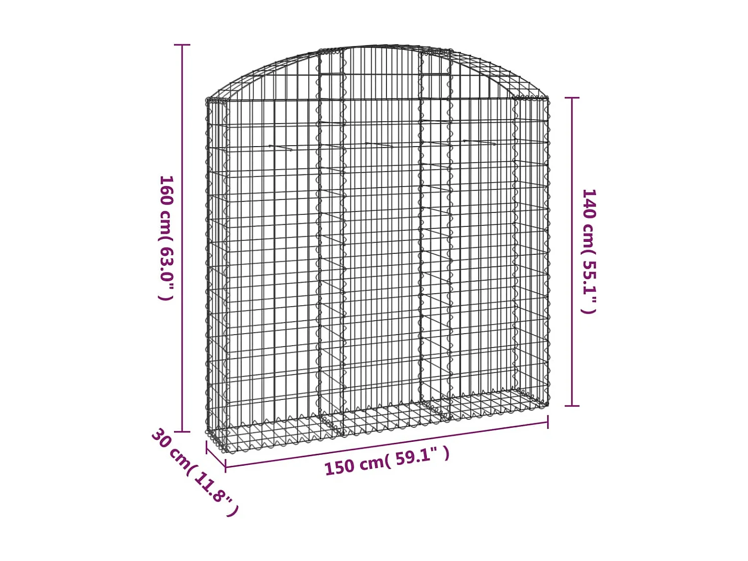 Panier de gabions arqué 150x30x140/160 cm Fer galvanisé