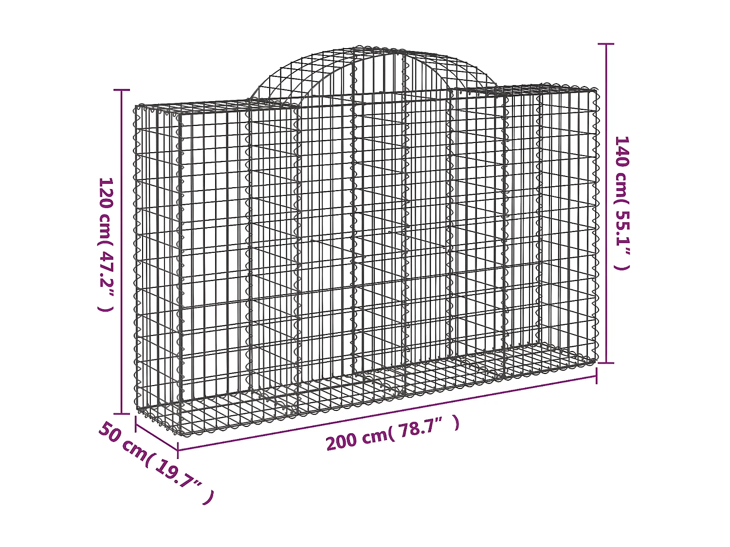 Paniers à gabions arqués 50 pièces 200x50x120/140 cm Fer galvanisé
