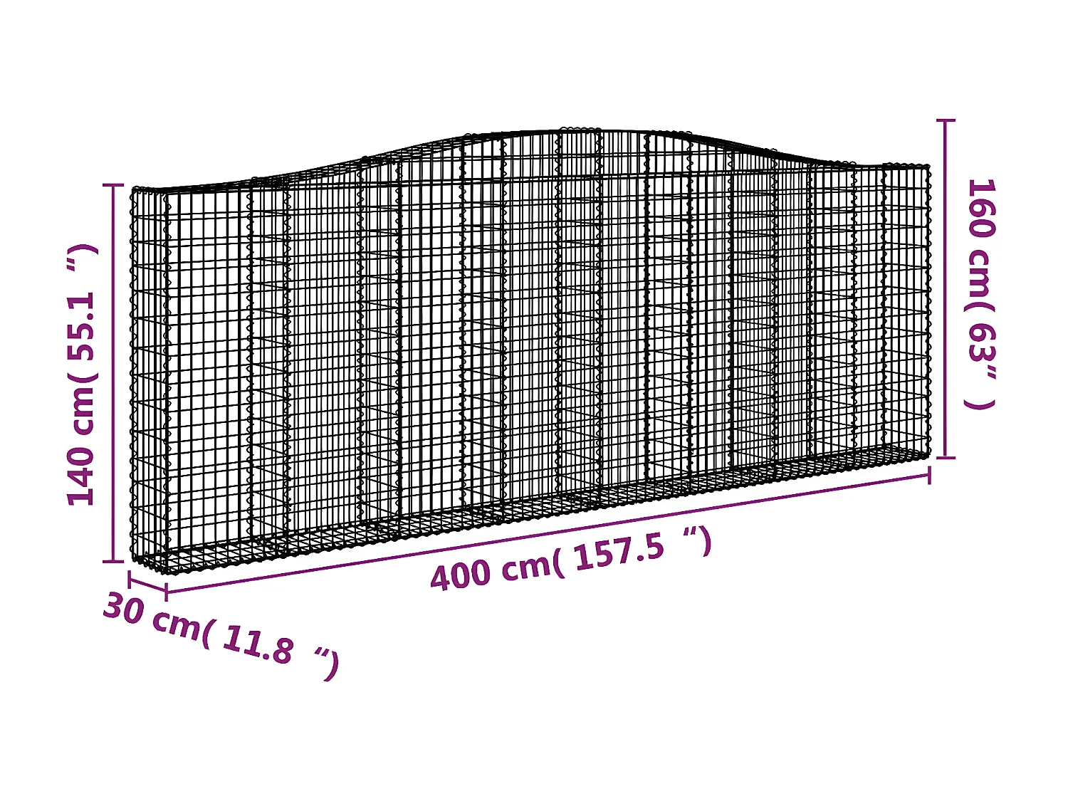 Cestos gabião arqueados 15 peças 400x30x140/160 ferro galvanizado