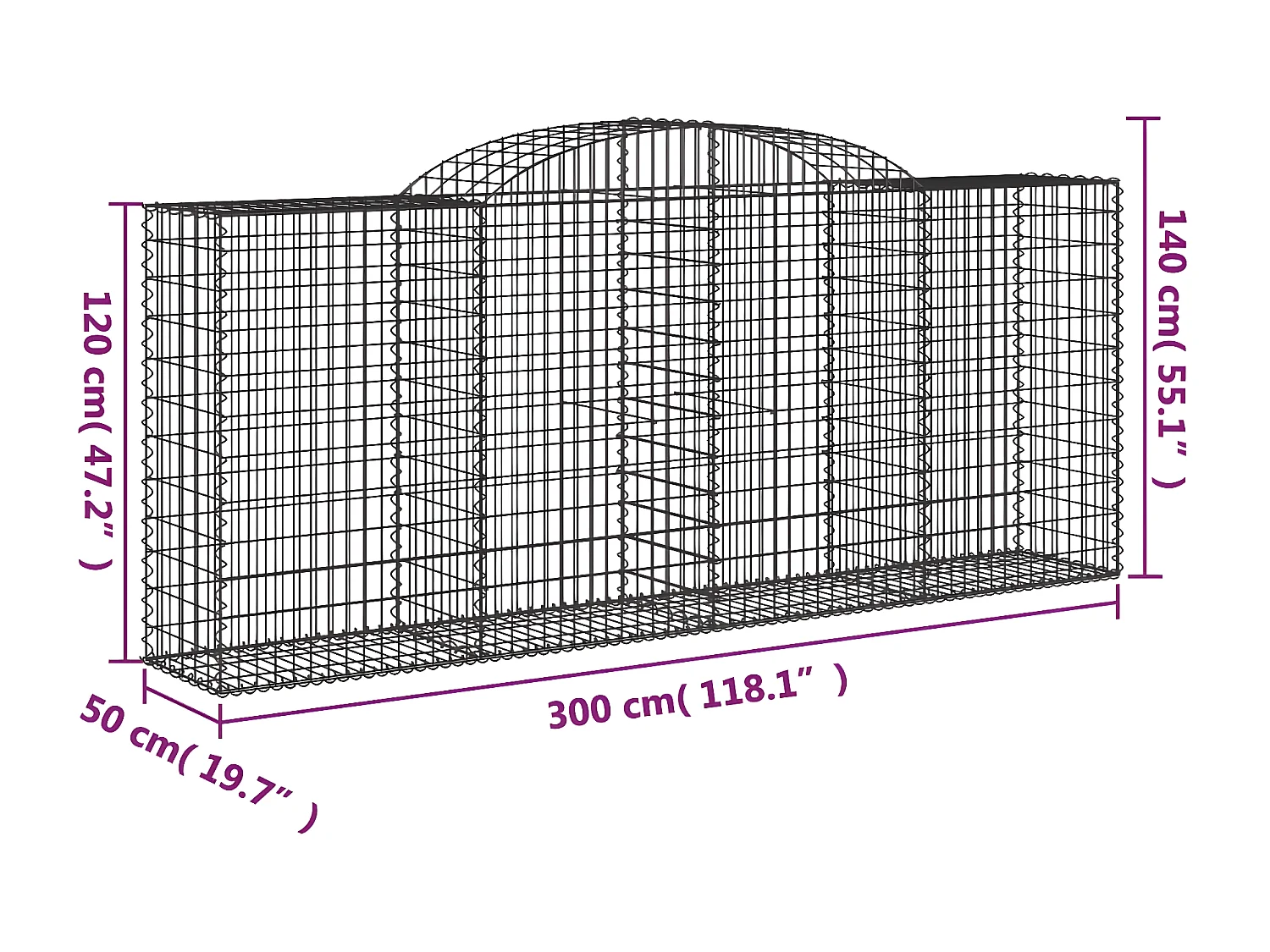 Paniers à gabions arqués 25 pièces 300x50x120/140 cm fer galvanisé