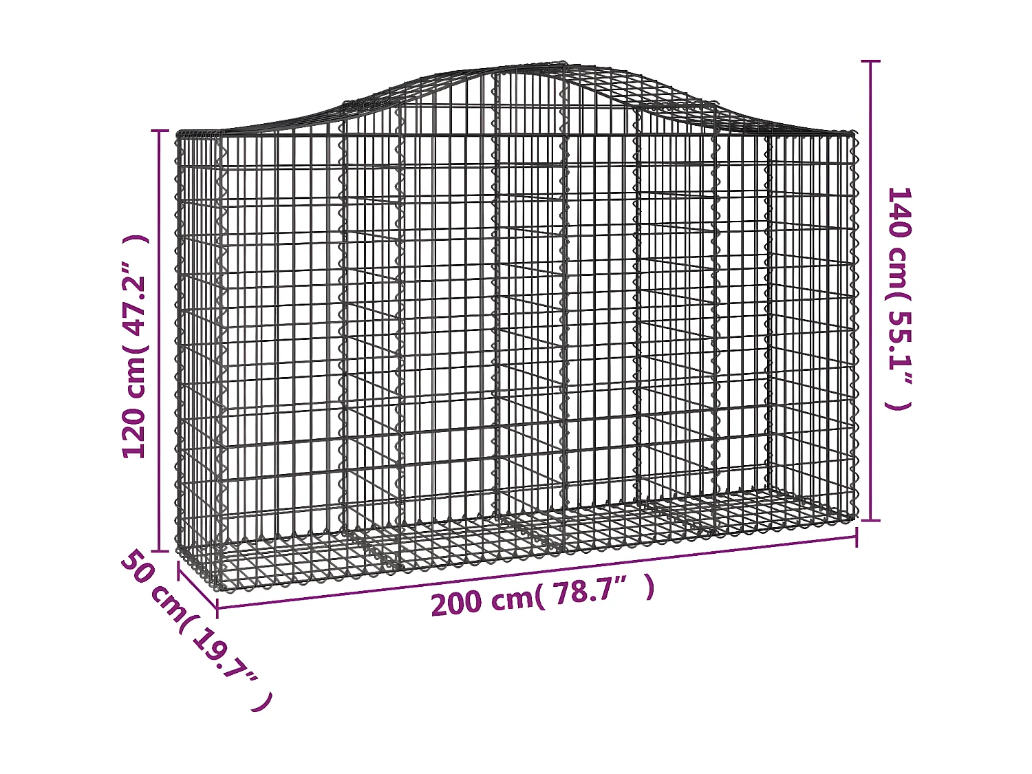 Panier de gabions arqué 200x50x120/140 cm Fer galvanisé