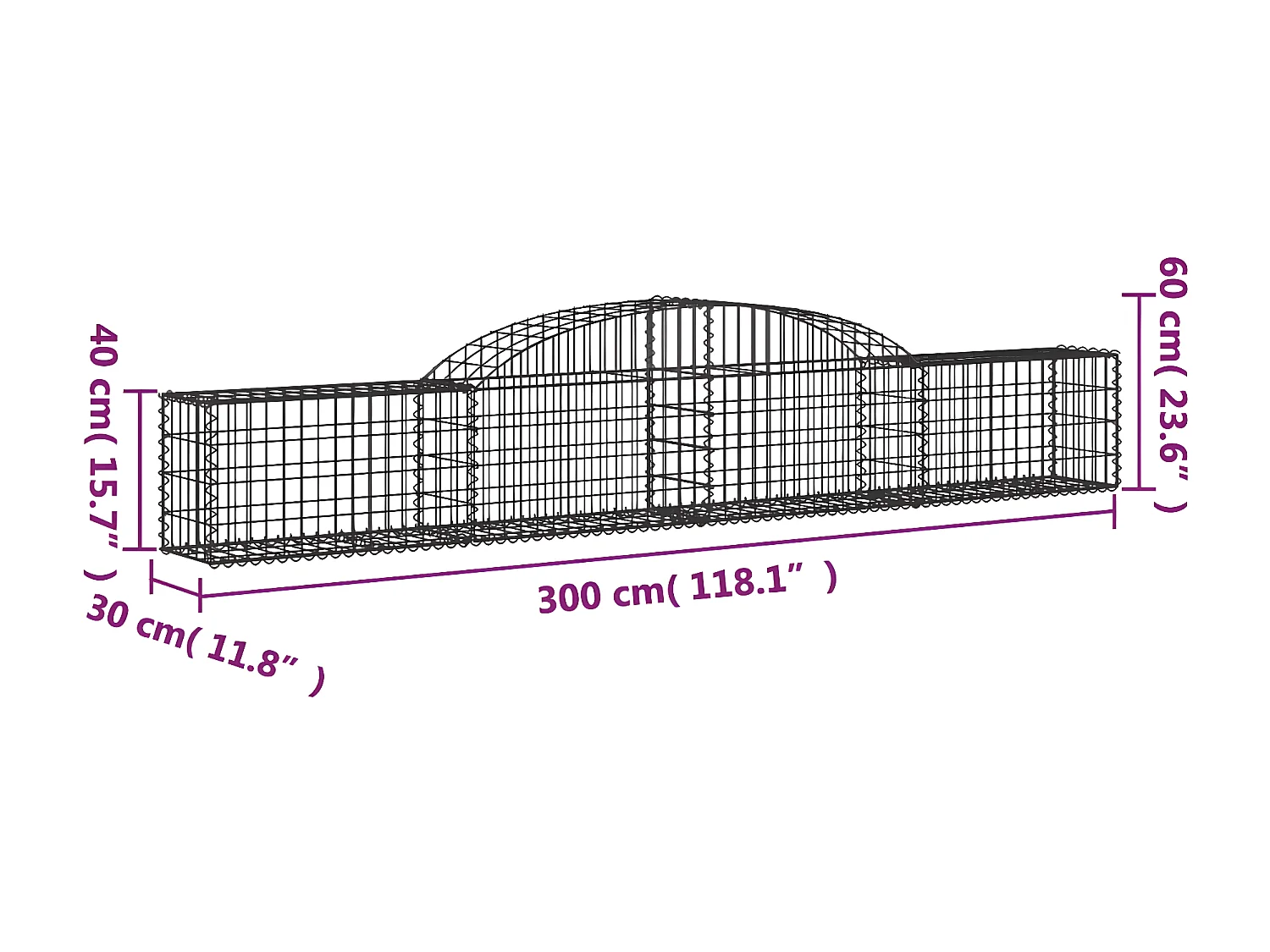 Panier de gabions arqué 300x30x40/60 cm Fer galvanisé