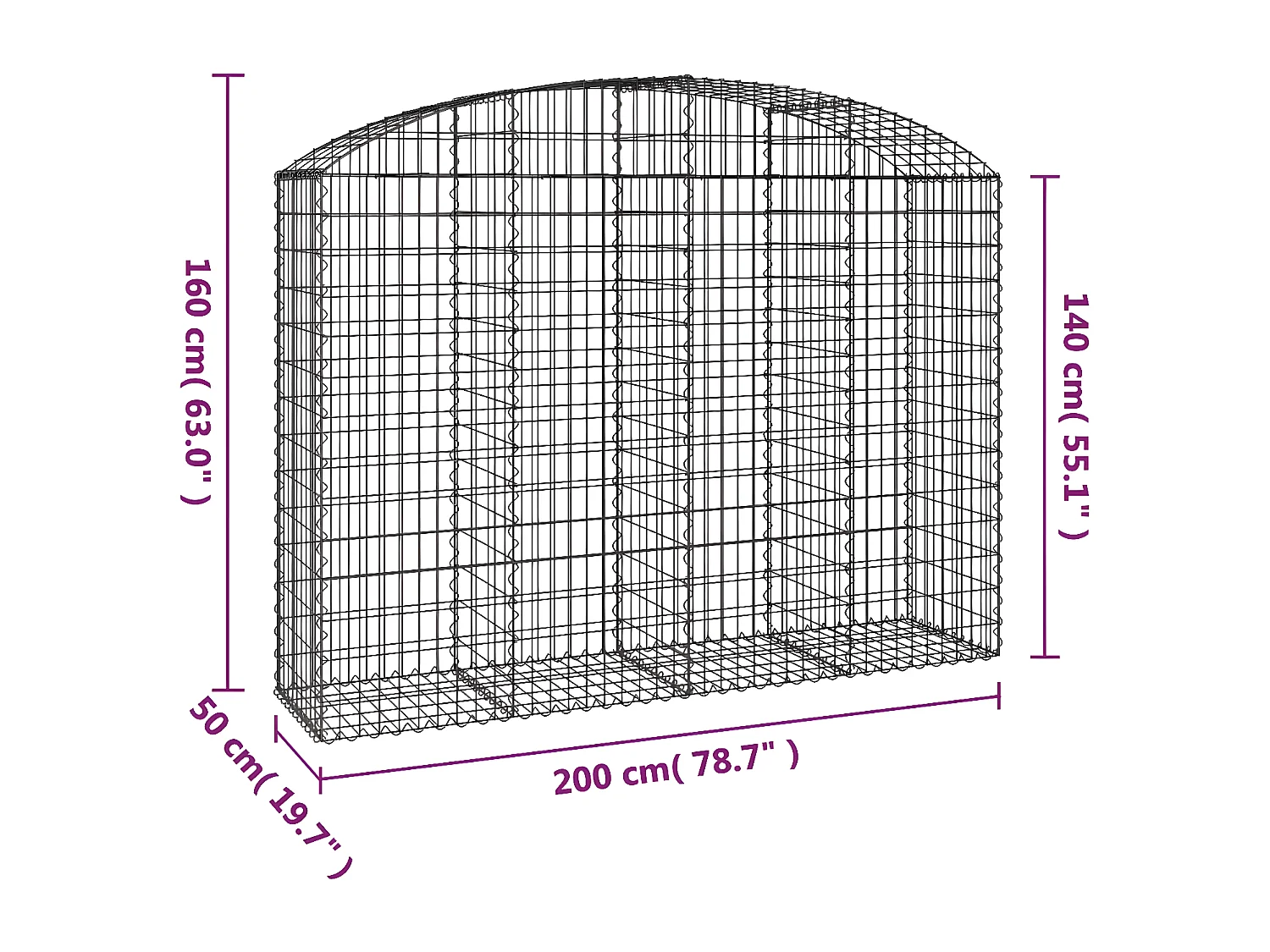 Panier de gabions arqué 200x50x140/160 cm Fer galvanisé